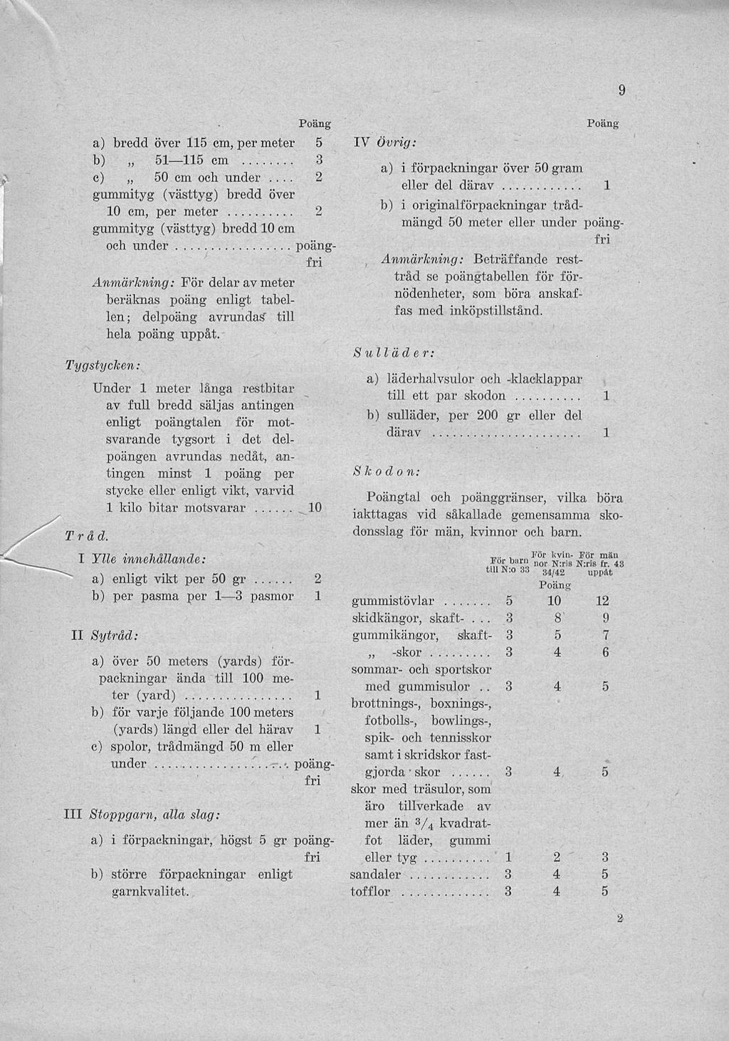 skor 3 a) bredd över 115 cm, per meter 5 b) 51 115 cm 3 f c) 50.