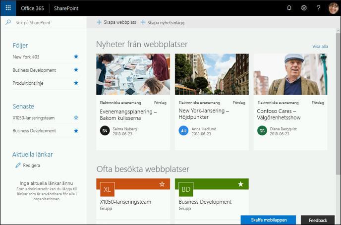 Snabbstartsguide Gör mer var du än är med säker åtkomst, delning och fillagring. Logga in på din Office 365-prenumeration och välj SharePoint i appfönstret.