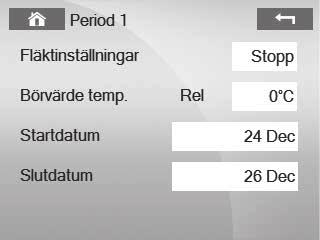 28 eco Side - Montering och skötsel 9. KONTROLLPANEL HANDHAVANDE, IGÅNGKÖRNING 9.7 TIDKANALER, FORTS. DAGPROGRAM (1-4) Med hjälp av ett dagprogram kan undantag göras för enstaka dagar. OBS!