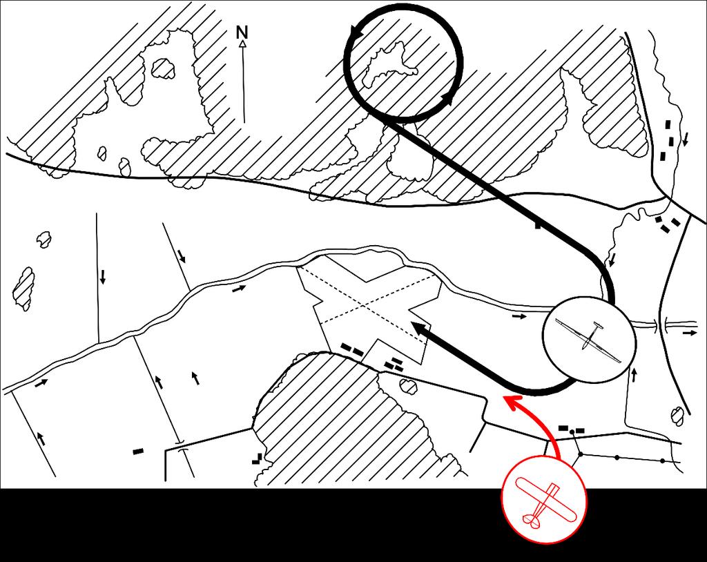 Bild 10: Landningsvarv segelflygplan, bana 25. Röd linje: inflygning motorflygplan.