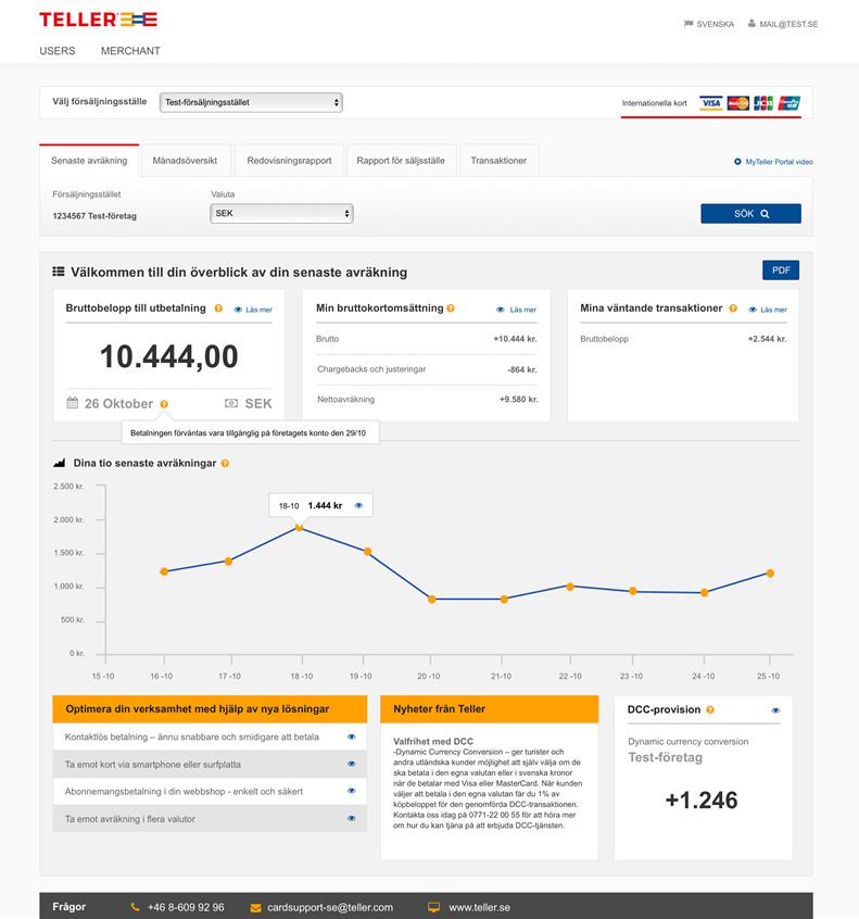 SENASTE AVRÄKNING ÖVERBLICK Om du har fler säljställen kan du välja säljställe här. Om ditt företag mottar Nästa belopp för utbetalning skickas till ert bankkonto på angivet datum.