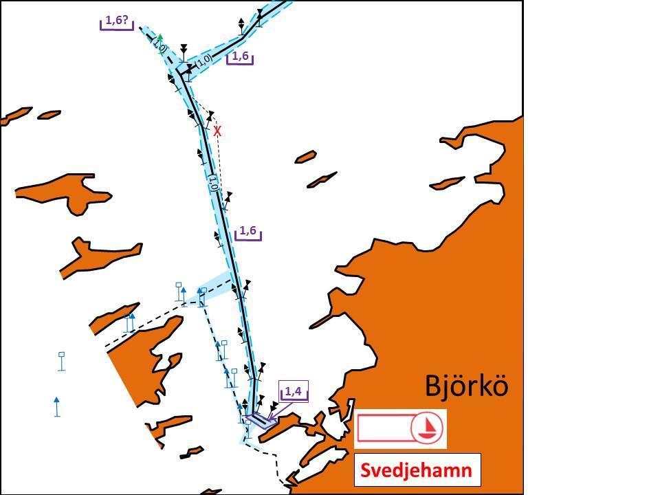 Insegling till Svedjehamns besöksbrygga 1,0 m Mareograf Vasa Från norr ansluter Lappöraranas allmänna lokala båtrutt.