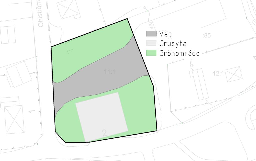 2 Nuvarande och planerad markanvändning Det aktuella området består idag av en grusad boulebana, gräsytor och en bilväg