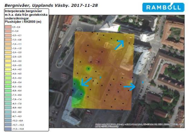 (plushöjd). Plushöjderna är mätningar utifrån systemet RH2000 (Rikets Höjdsystem 2000) från olika miljötekniska undersökningar (Ramböll, 2018).