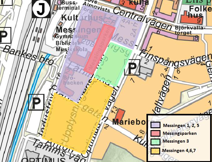 Figur 7 - Områdesindelning kvarteret Messingen (Ramböll 2018) Upplands Väsby kommun 3.1.1.1 Messingsparken, del av Vilunda 19:1-19:2 I oktober 2016 gjordes en undersökning av Ramböll i Messingsparken.