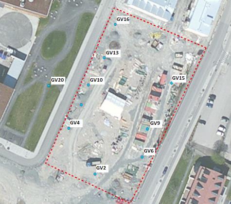 Figur 9- Provtagningsområde med grundvattensprov utmarkerade (Structor 2016) Tabell 7 - Uppmätta halter av klorerade lösningsmedel i grundvattensprover (Structor 2016).