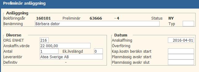 Raindance Classic Anläggningsregister Benämning på preliminära anläggningar Den text som anges i slutkonteringen på fakturans Anlägg-rad kommer numera med automatik in i fältet Benämning i det