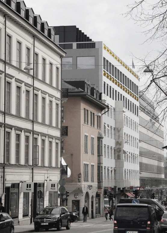 SID 17 (24) Fotomontagen visar föreslagen påbyggnad sedd från Norrlandsgatan. Bilderna visar mötet med Skären 3 och utformningen av brandgaveln på Skären 9. Bild: General Architecture.