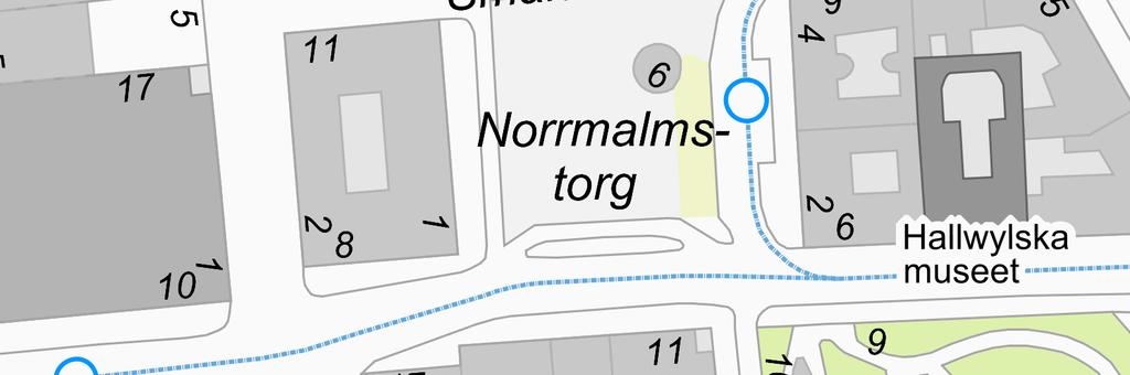 Planområdet ungefärligt avgränsat med röd, streckad linje.