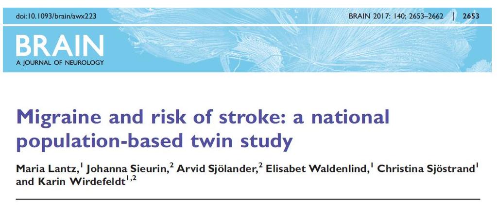 - Data från svenska tvillingregistret, 53 400 individer, medelålder vid inklusion 45,3 år. Migrändiagnos utifrån enkät inkluderande frågor om återkommande huvudvärk. - 16.