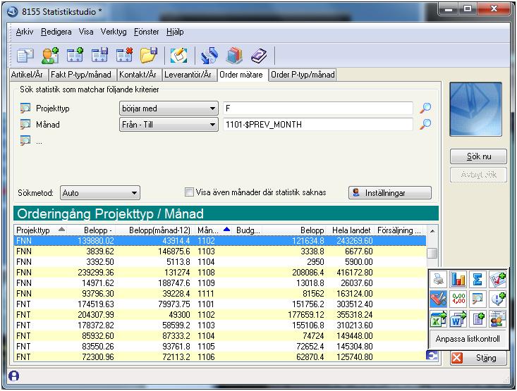 Statistikstudion, rutin 8155 STEG 1 Skapa en ny flik med namnet Ordermätare i rutin 8155 Statistikstudio, baserat på statistikbasen Orderingång (exempelföretaget).