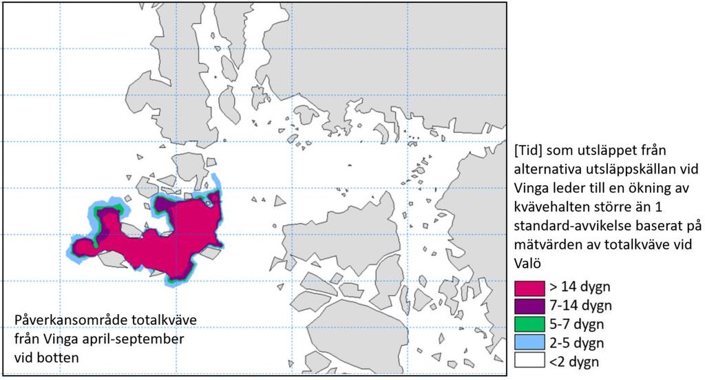 I Figur 5-2 visas det potentiella påverkansområdet vid botten från utsläppet vid Vinga.