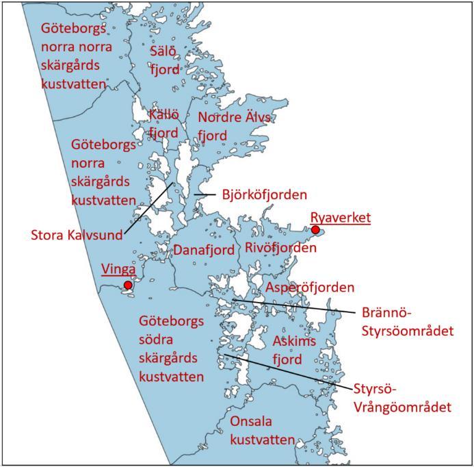 Figur 1-1 Kustvattenförekomster runt Göteborgsområdet.