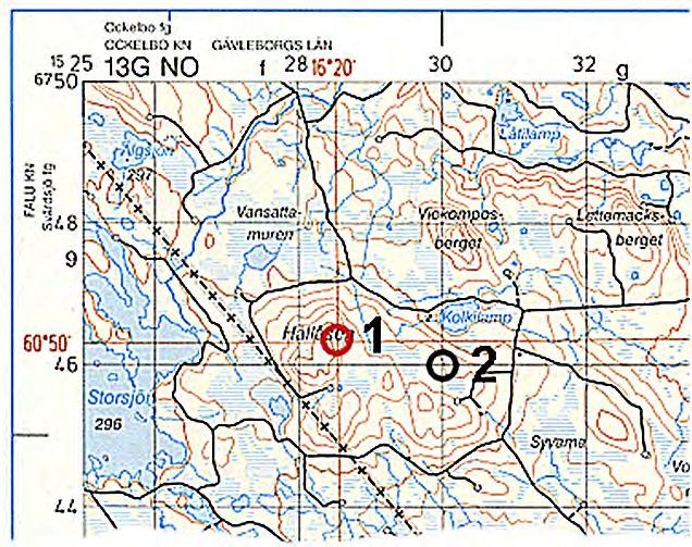 Bilaga 13. Kompassriktning och kartor Exempel Det svarta rutnätet i kartexemplet (figur B12) är angivet i RT90, och siffrorna i kartramen anges i kilometer-siffror (tryckta i svart) i bladhörnen.