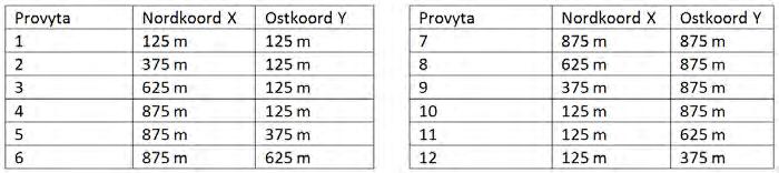 4.3 Provytans identiteter Tabell 4.2. Provytornas teoretiska koordinater i förhållande till km-rutans nedre, vänstra hörn.