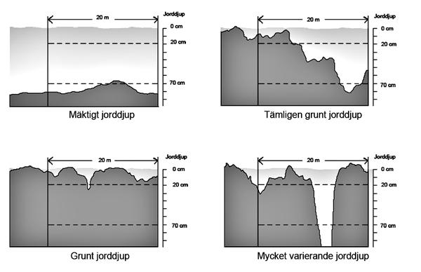 4.9 Markbeskrivning Jorddjup [Jorddjup] Avser genomsnittligt jorddjup på provytan/delytan, se figur 4.10 (anges ej om häll med jorddjup mindre än 10 cm). 1 >70 cm Mäktigt jorddjup Inga synliga hällar.