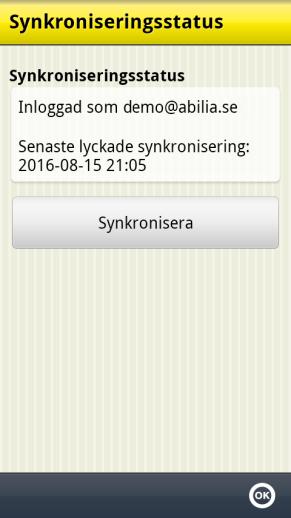 7.11 Synkroniseringsstatus Via Inställningar System Synkroniseringsstatus kan man se information om vad som är synkroniserat med myabilia.