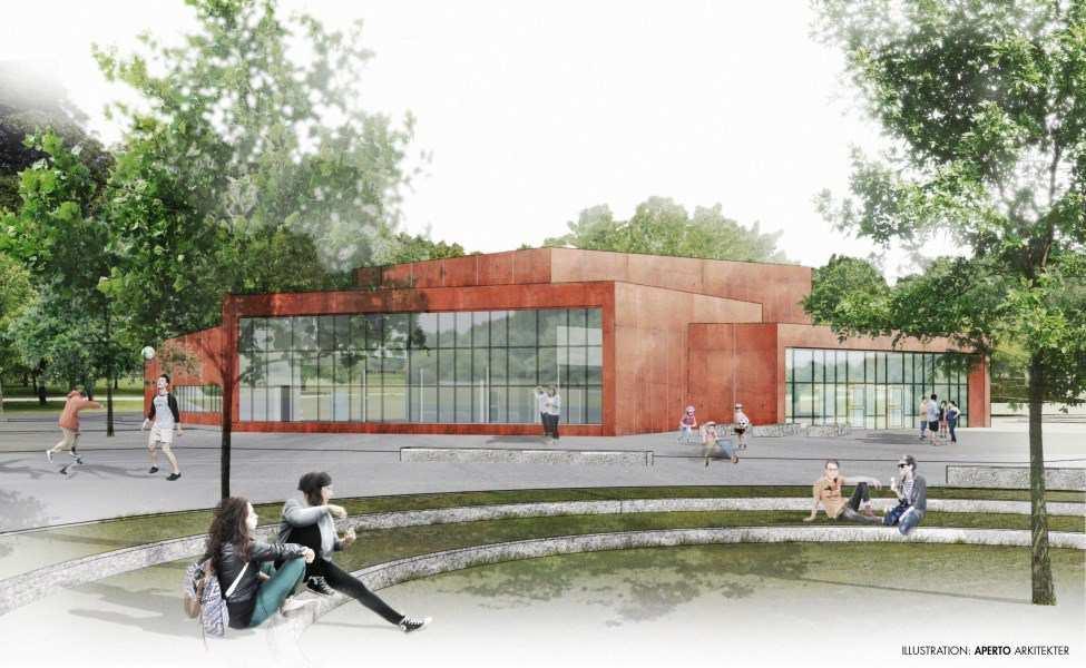 Byggnaden föreslås utformas med en egen stark och urskiljande identitet, med färgad betong, i tydlig kulör i skalan mörkt röd-brun-orange.
