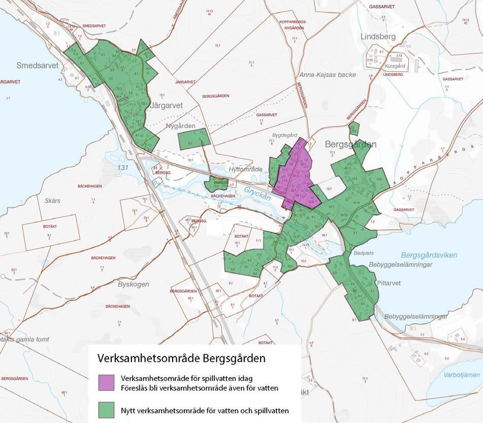 VERKSAMHETSOMRÅDE I delar av Bergsgården finns det redan ett verksamhetsområde för allmänt avlopp, det är markerat med lila färg på kartan nedan.