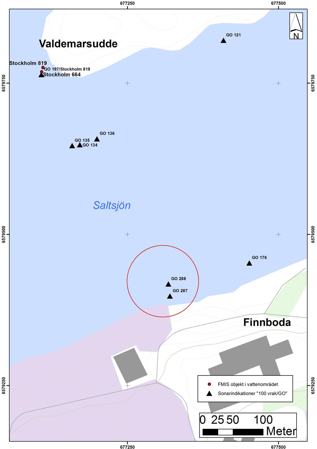 Figur 1. Kartan visar de FMIS-objekt och sonarindikationer (GO) som var kända före utredningen.