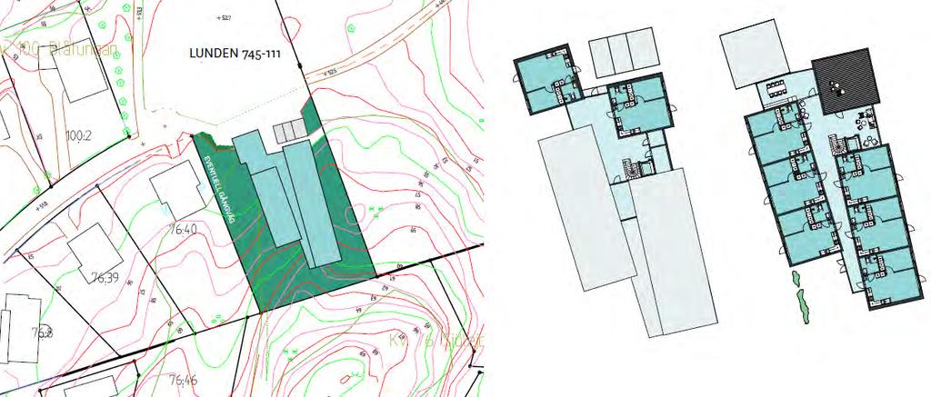 Figur 5. Förslag planerad byggnad Planerad byggnad kommer att behöva grundläggas på berg efter erforderlig plansprängning.