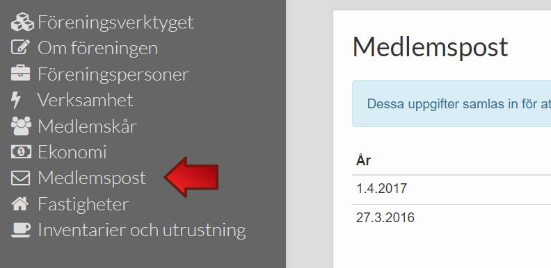 8. Medlemspost För att gå till medlemspostdelen klickar ni på Medlemspost i navigeringen uppe till vänster, som den röda pilen på bilden nedan visar. 8.