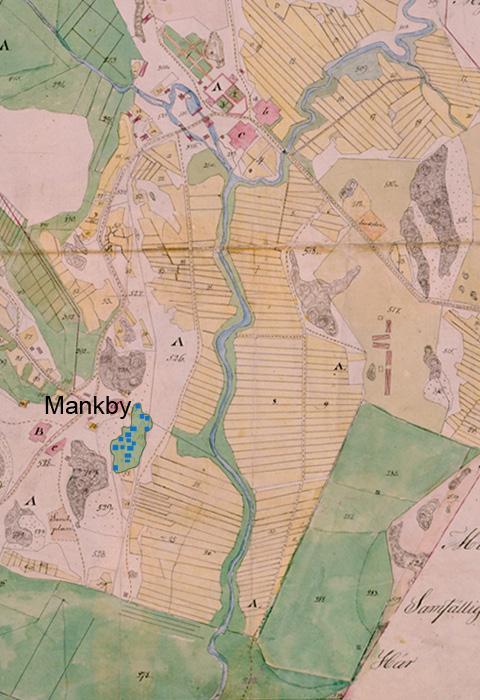 The toft of the deserted medieval hamlet Mankby and its remains is added to the map. (Grundkarta no. 2032 12/ Esbo 1961) Figure 2.