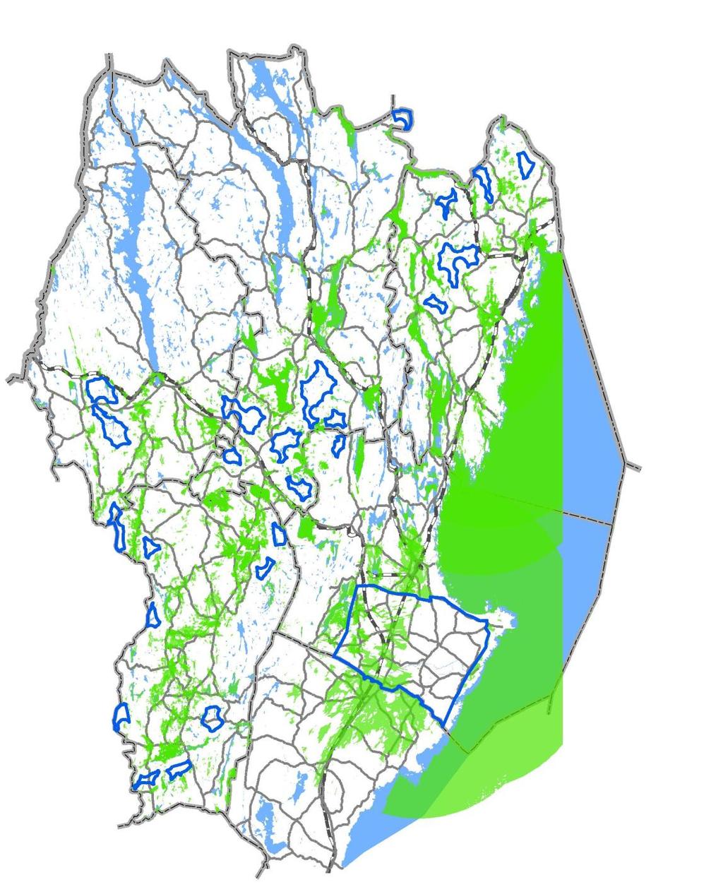 förenkling av verkligheten som innebär att vindkraftverk kan synas från gläntor, hyggen, skogsbilvägar, ungskogsområden m m. Analysen görs inom en radie av 15 km från den schematiska vindkraftparken.