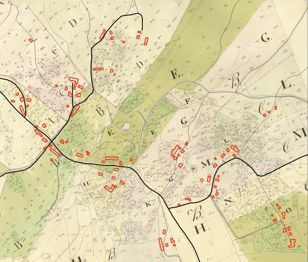Sammanfogade kartor över Klippingsbo i samband med enskiftet på 1820-talet. Dagens vägar är inlagda med svarta linjer och dagens bebyggelse med röda markeringar.