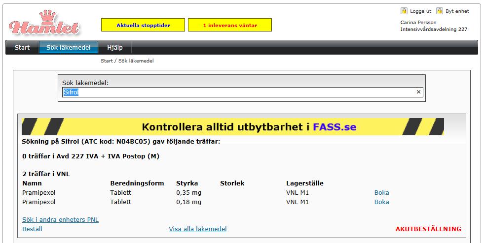 En träfflista visas på det läkemedel du sökt. Läkemedelsträffarna är sökträffar inom samma ATC-kod som sökt läkemedel.