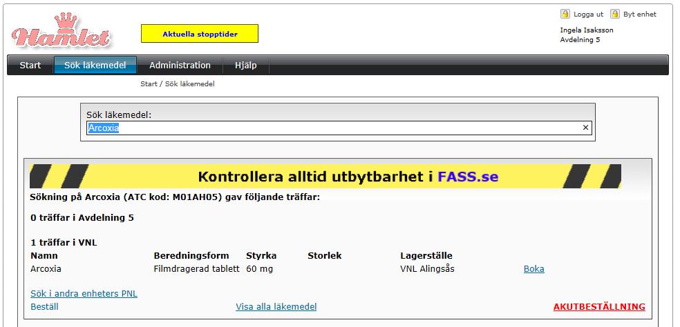 Manual Hamlet 2.1 Sidan 25 av 101 2.4. Akutbeställning Sök aktuellt läkemedel. Klicka på AKUTBESTÄLLNING.