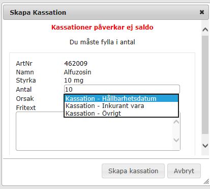 Manual Hamlet 2.1 Sidan 43 av 101 Skriv i antalet enheter dvs. antal tabletter, ampuller etc. som kasseras. Orsak väljs med hjälp av rullistan.