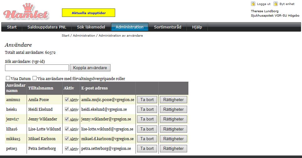 Manual Hamlet 2.1 Sidan 92 av 101 Användare sorteras enligt bokstavsordning på VGR-id. Leta upp namnet på den person vars behörighet skall ändras. Vid behov klicka på sidbyte längst ner på listan.