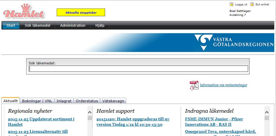 Manual Hamlet 2.1 Sidan 94 av 101 6.5. Inlagrat Fliken Inlagrat i Hamlet innehåller information om uttag från VNL, samt extrabeställningar från RGL.