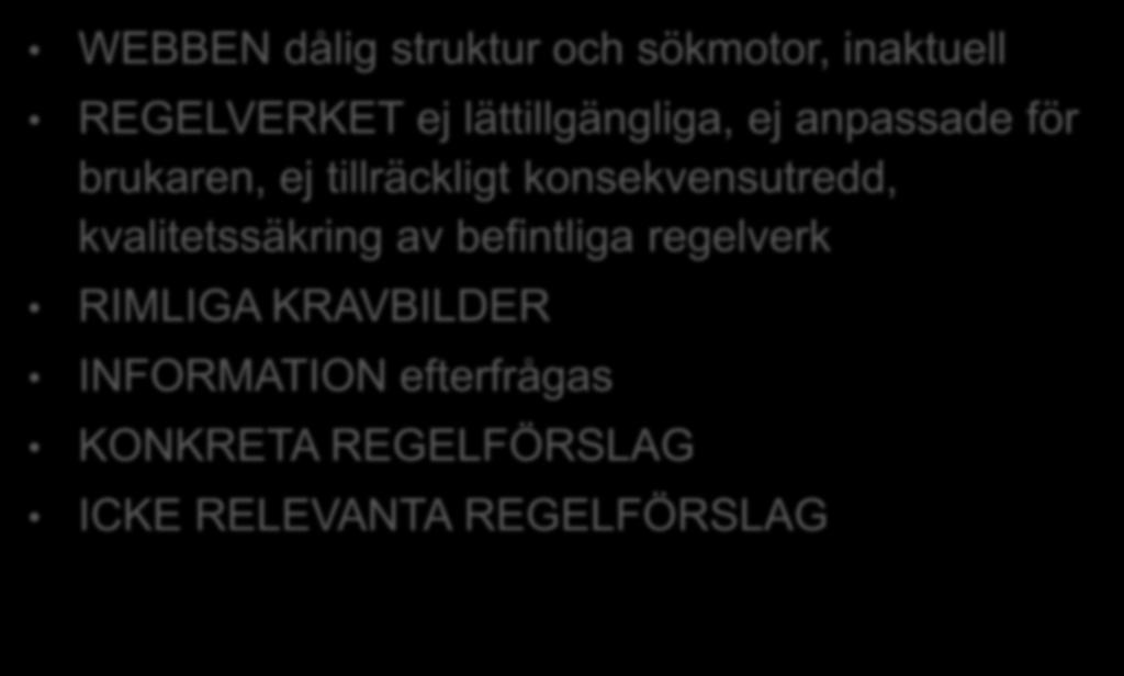 ENKÄTSVAR WEBBEN dålig struktur och sökmotor, inaktuell REGELVERKET ej lättillgängliga, ej anpassade för brukaren, ej tillräckligt