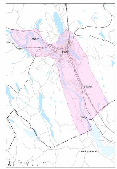 22. Primärt utvecklinsområde för bebyelse Planen föreslår primärt utvecklinsområde för bebyelse. Detta omfattar Bodens centrala delar, med riktnin söderut, läns pendlinsstråket mot Luleå.