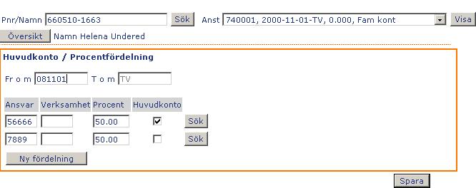 Kodsträng för vald org visas under Huvudkonto/Procentfördelning.