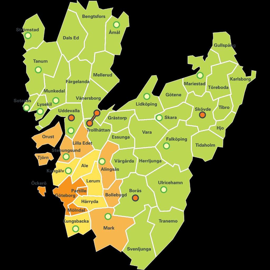 Analys Nuläge Bild: Förenklad bild av Nuläget där zonstrukturen baseras på kommunzoner, biljetter som gäller i flera kommuner samt ett antal tätortszoner.