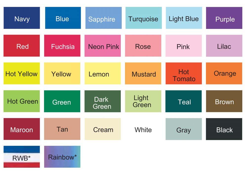 Detta är våra färger/band som finns att välja på: Flerfärgade band såsom regnbågsfärgade, randiga och fiskbensmönstrade band kan erhållas för
