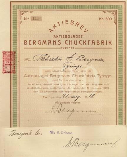 OMBILDNING IGEN Aktie från emissionen 1918, transporterad till Nils Anton Ohlsson, (1886-1921) 1915 August Bergman blir änkling och flyttar 1918 tillbaka till Hälsingborg 1919 Nils