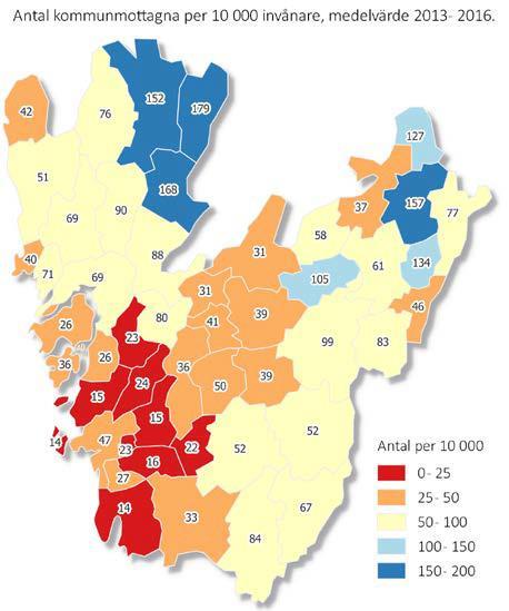 19 Figur 9 Antal kommunmottagna per 10 000 invånare, medelvärde 2013 2016. Källa: (Västra Götalandsregionen, 2017b).