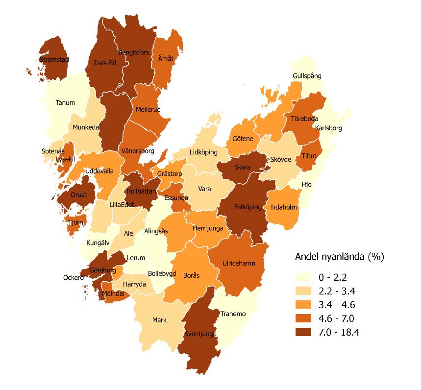 9 Figur 3 Andel nyanlända elever (anlänt till Sverige 2011 2014) bland avgångselever i åk 9 år 2015. Källa: Västdatabasen. Denna ökning återspeglas i Västra Götaland på lite olika sätt.