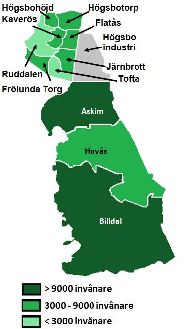 Folkmängd 2015 Förändring 2014-2015 2015-2019 Billdal 11 257 +306 +1 686 Askim 10 082-30 +1 119 Högsbotorp 6 854 +27 +522 Frölunda Torg 5 628-100 +480 Kaverös 4 321-1 +46 Högsbohöjd 4 127