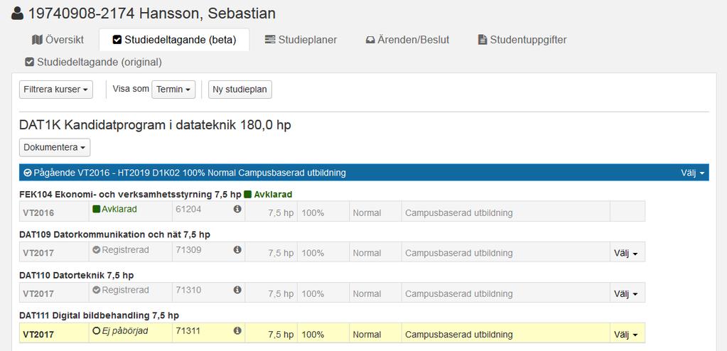 Studiedeltagande 1 2 3 4 Det är här du kan dokumentera uppgifter som studentens deltagande. 1. Du kan Filtrera kurserna för att välja vilka man vill se i vyn, välj mellan: Ej påbörjad, Registrerad, Avbrott, Återbud och Avklarad.