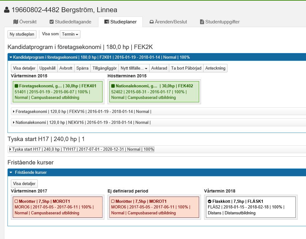 Studieplaner forts 2 1 3 1 4 1. Studieplanerna är indelade i kurspaketeringar/ el som fristående kurser. 2. Du kan lägga till en Ny studieplan på studenten 3.