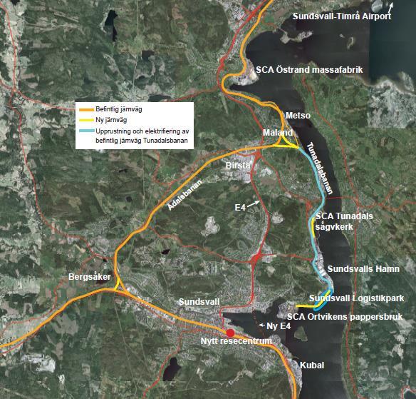 Figur 6. Området mellan Sundsvall och Timrå med markering av utvecklade järnvägar. Karta: Sundsvalls logistikpark. 5.