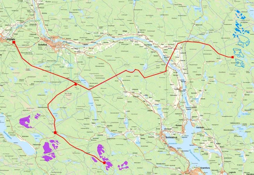 88 (126) tillstånd för vindkraft. Eftersom beslut om linjekoncession inte har fattats går det inte säkert att säga att på nästa sida anvisad sträckning är den slutgiltiga.