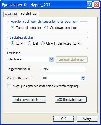 Spara anslutningen och klicka på ASCII-inställningar på fliken inställningar