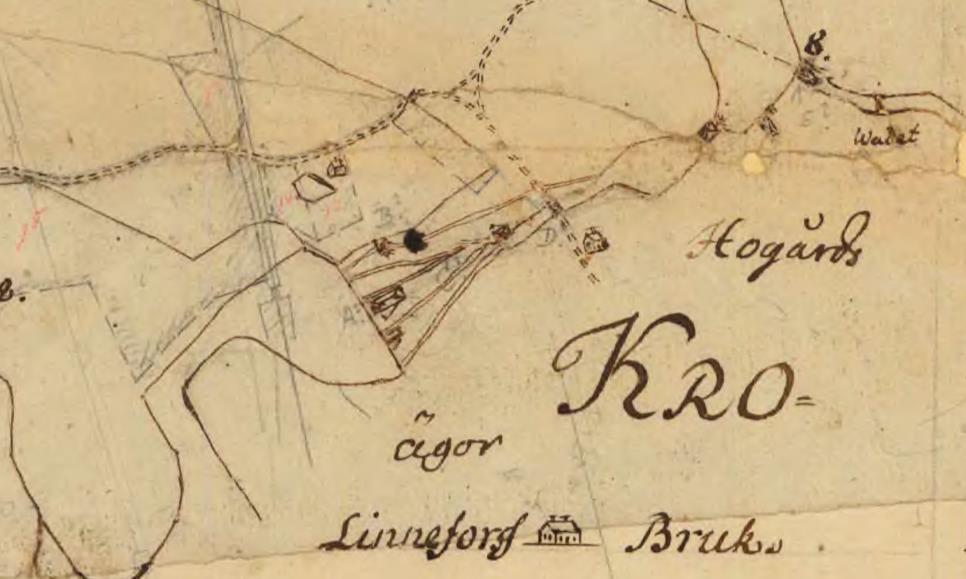 På kartan står Wadet för ett vadställe över ån. Vid bron syns smedbostaden som finns kvar än idag.