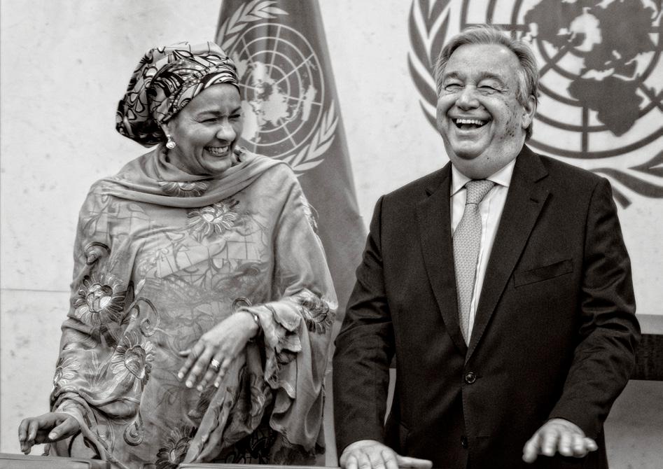 FN:s nye generalsekreterare António Guterres och biträdande generalsekreterare Amina J. Mohammed, första dagen på sina nya poster, januari 2017.